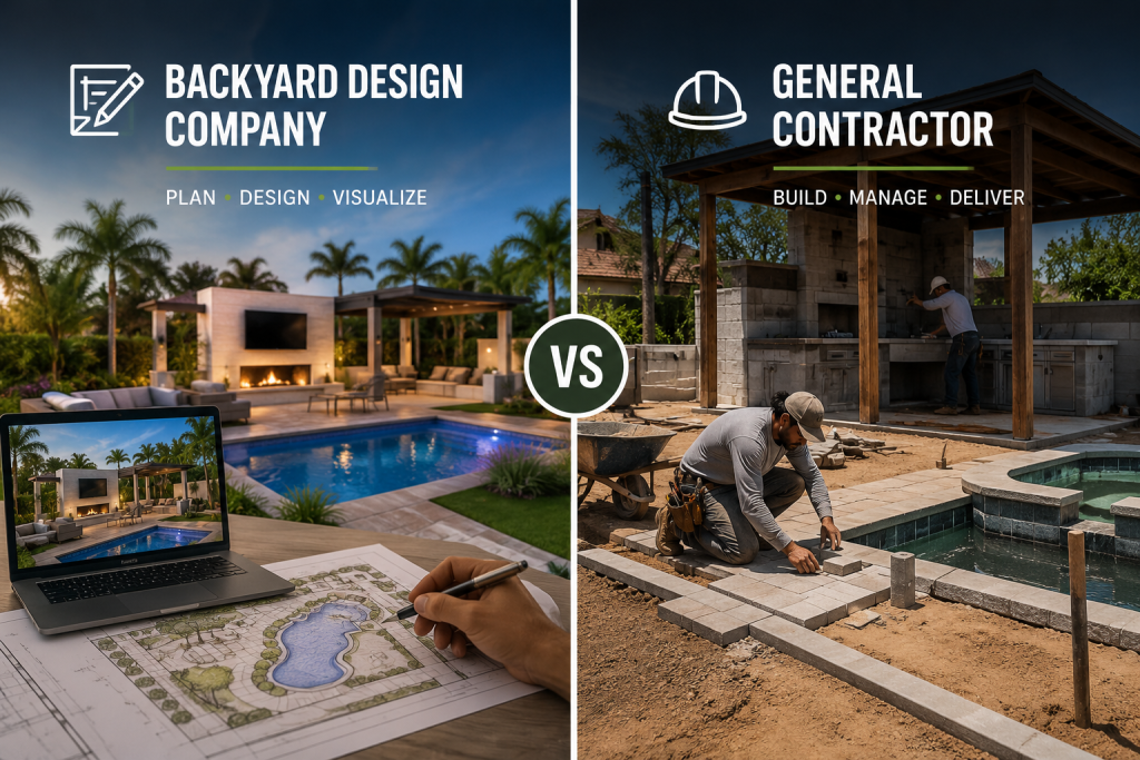 Backyard design company vs general contractor comparison showing outdoor design planning alongside custom backyard construction and installation