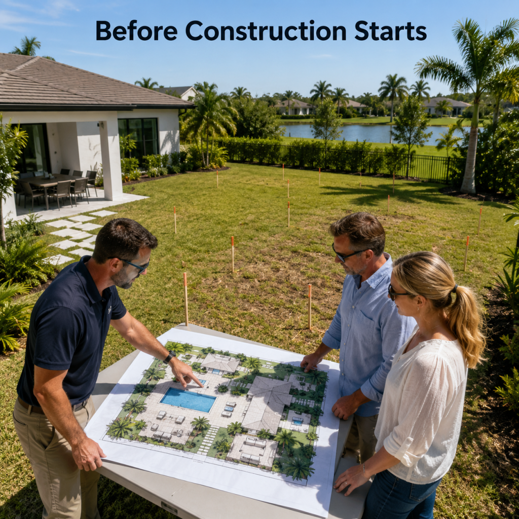 Backyard design company presenting a custom landscape and pool design plan to homeowners during an on-site consultation in the Naples community