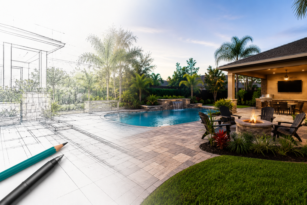 Backyard design process showing the transformation from a conceptual landscape sketch to a completed luxury backyard with a pool, outdoor kitchen, and fire pit