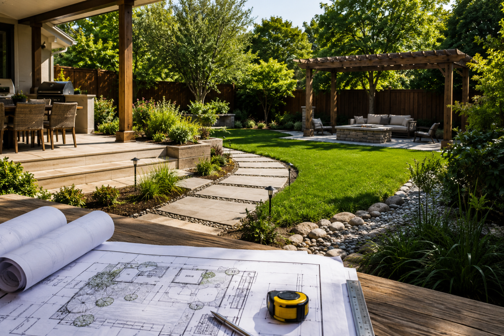 Backyard design checklist with landscape plans, patio, pergola, outdoor kitchen, lawn, and garden layout