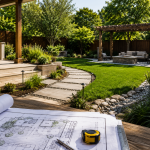 Backyard design checklist with landscape plans, patio, pergola, outdoor kitchen, lawn, and garden layout