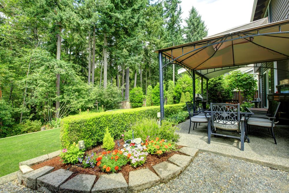 Backyard design checklist featuring a covered patio, landscaped garden, lawn, and outdoor dining area