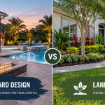 Backyard design vs landscape design comparison showing an outdoor living space with a pool, kitchen, and fire feature beside a landscaped Florida home.