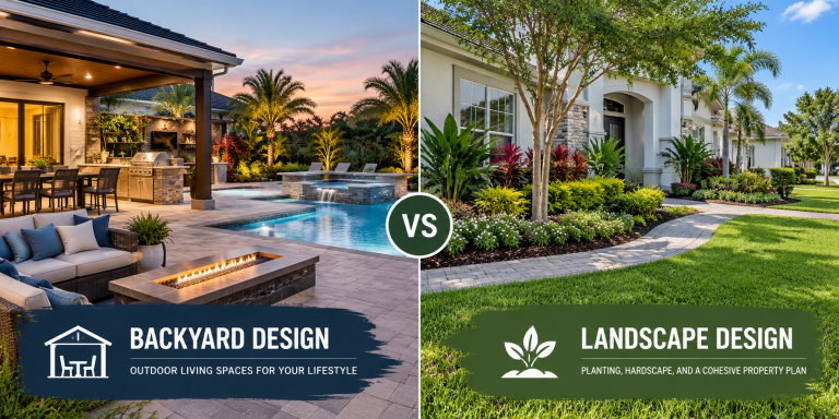 Backyard design vs landscape design comparison showing an outdoor living space with a pool, kitchen, and fire feature beside a landscaped Florida home.